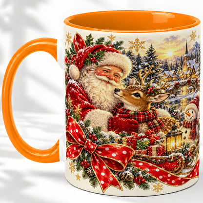#pl[11oz|Orange] Santa and Reindeer Accent Mug, Ceramic Cup with Christmas Sleigh