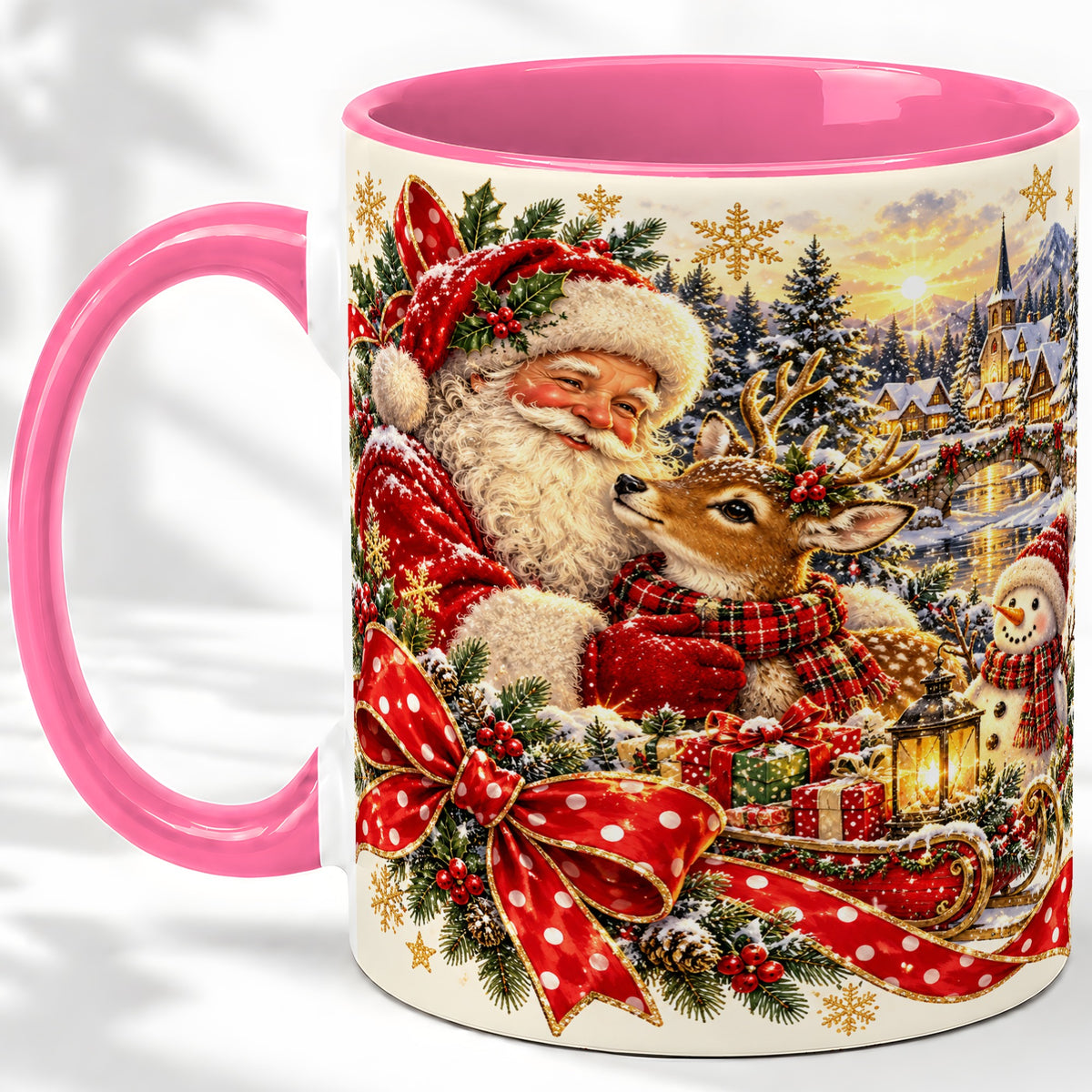 #pl[11oz|Pink] Santa and Reindeer Accent Mug, Ceramic Cup with Christmas Sleigh