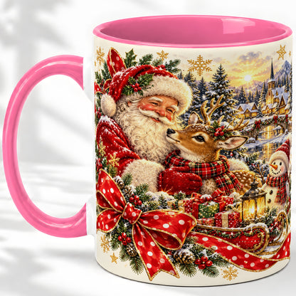 #pl[11oz|Pink] Santa and Reindeer Accent Mug, Ceramic Cup with Christmas Sleigh