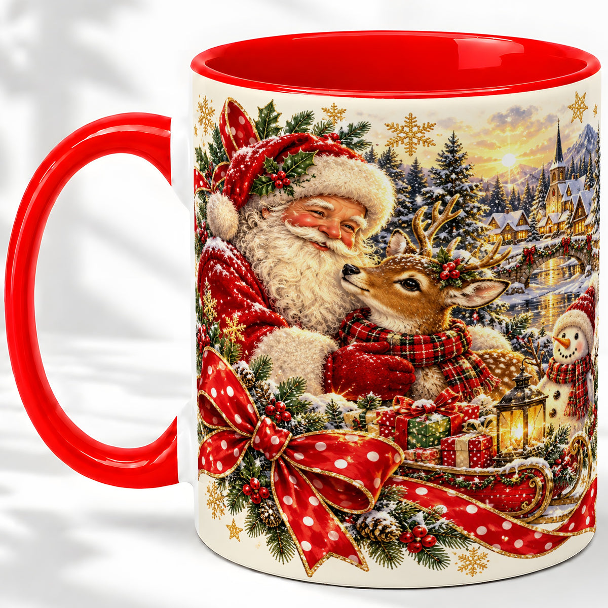 Santa and Reindeer Accent Mug, Ceramic Cup with Christmas Sleigh