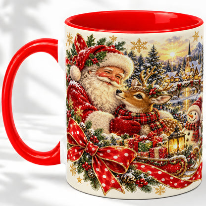 Santa and Reindeer Accent Mug, Ceramic Cup with Christmas Sleigh