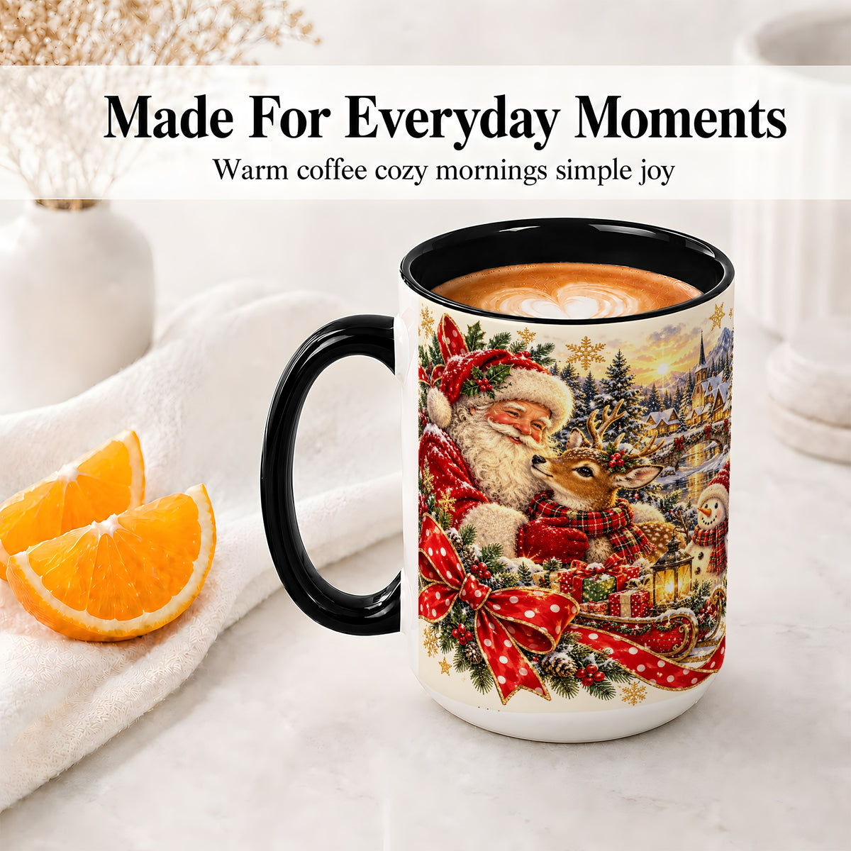 #pl[15oz|Black] Santa and Reindeer Accent Mug, Ceramic Cup with Christmas Sleigh