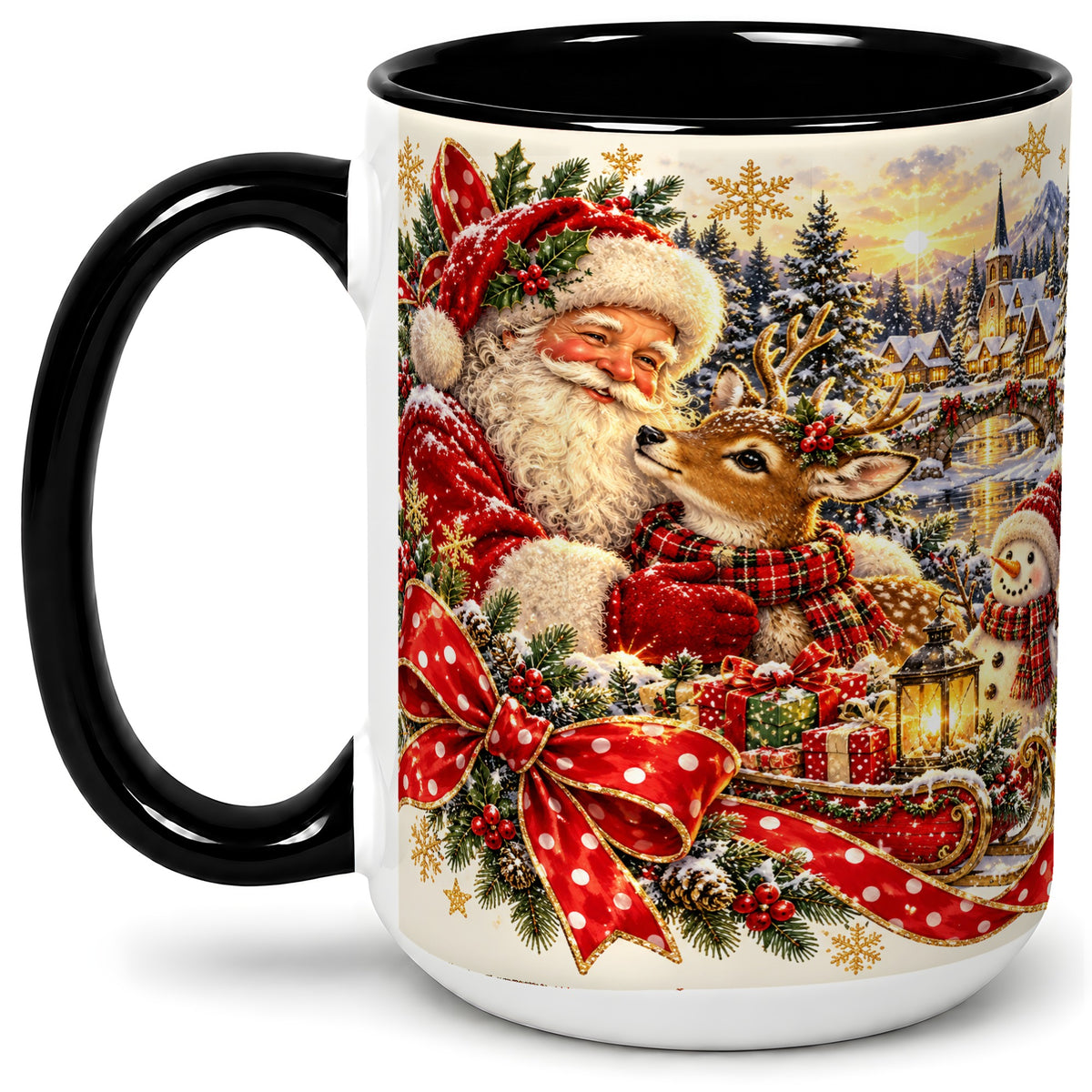 #pl[15oz|Black] Santa and Reindeer Accent Mug, Ceramic Cup with Christmas Sleigh