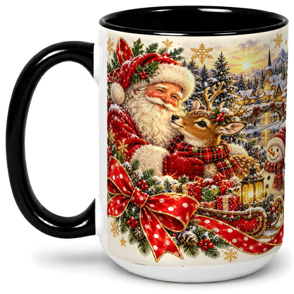 #pl[15oz|Black] Santa and Reindeer Accent Mug, Ceramic Cup with Christmas Sleigh