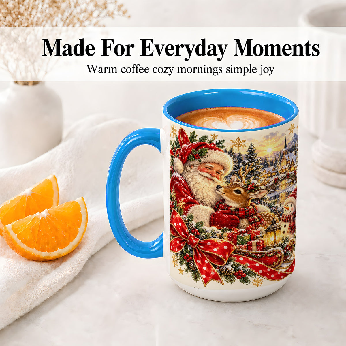 #pl[15oz|Blue] Santa and Reindeer Accent Mug, Ceramic Cup with Christmas Sleigh