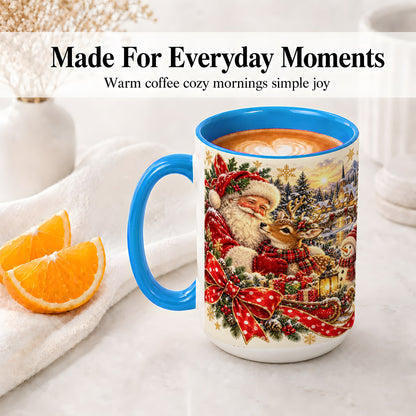 #pl[15oz|Blue] Santa and Reindeer Accent Mug, Ceramic Cup with Christmas Sleigh
