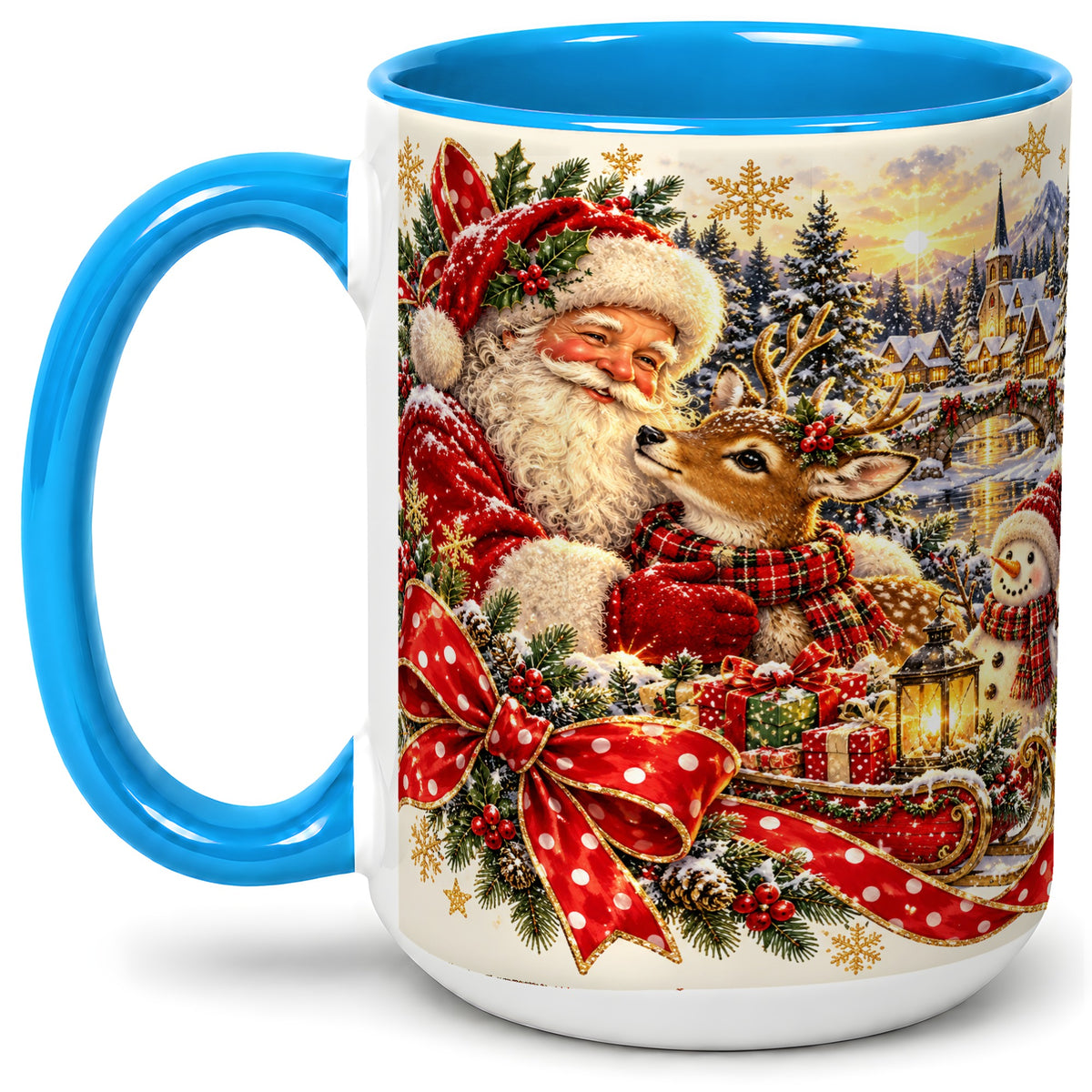 #pl[15oz|Blue] Santa and Reindeer Accent Mug, Ceramic Cup with Christmas Sleigh