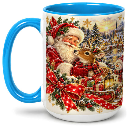 #pl[15oz|Blue] Santa and Reindeer Accent Mug, Ceramic Cup with Christmas Sleigh