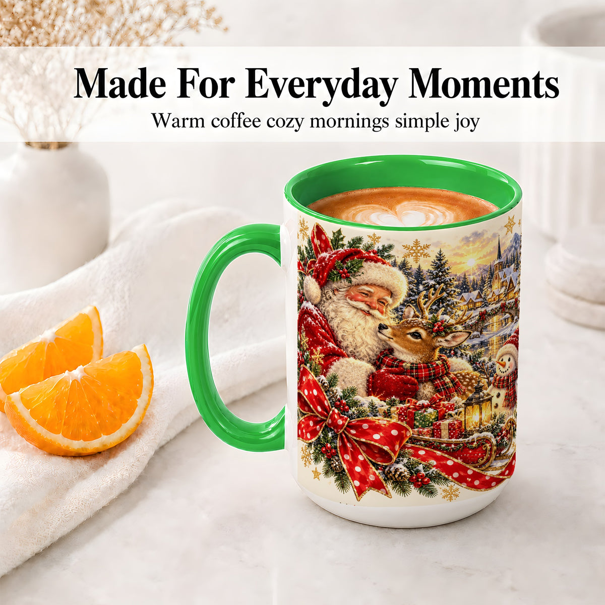 #pl[15oz|Green] Santa and Reindeer Accent Mug, Ceramic Cup with Christmas Sleigh