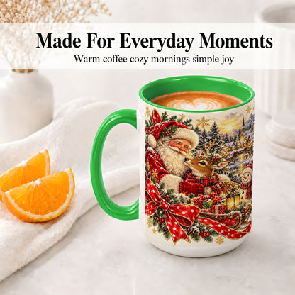 #pl[15oz|Green] Santa and Reindeer Accent Mug, Ceramic Cup with Christmas Sleigh