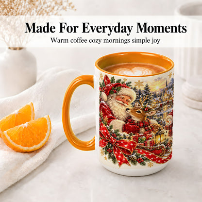 #pl[15oz|Orange] Santa and Reindeer Accent Mug, Ceramic Cup with Christmas Sleigh