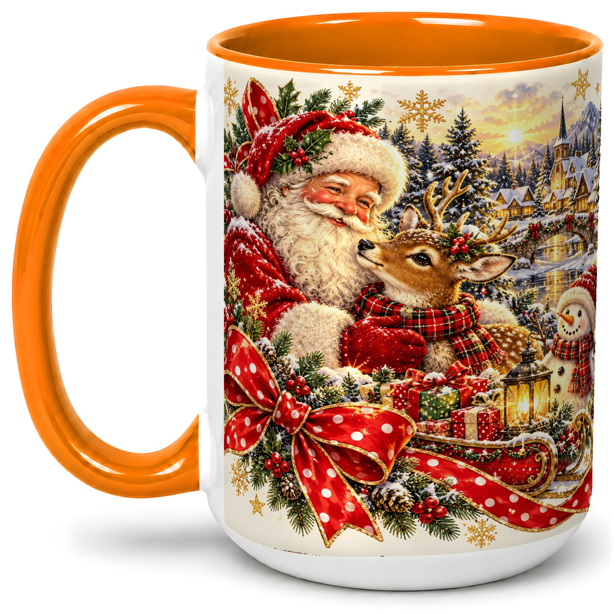 #pl[15oz|Orange] Santa and Reindeer Accent Mug, Ceramic Cup with Christmas Sleigh