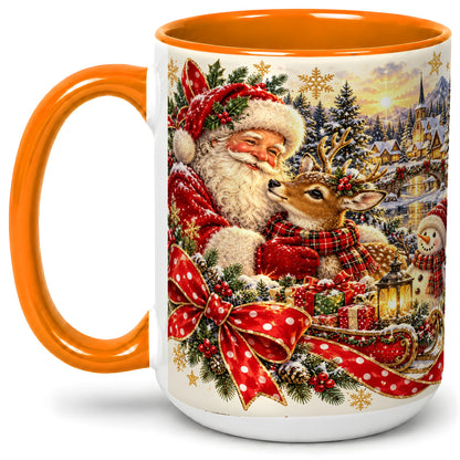 #pl[15oz|Orange] Santa and Reindeer Accent Mug, Ceramic Cup with Christmas Sleigh