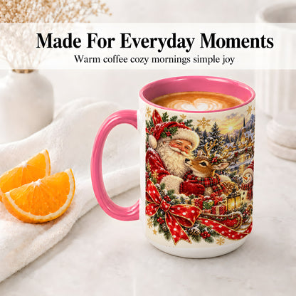 #pl[15oz|Pink] Santa and Reindeer Accent Mug, Ceramic Cup with Christmas Sleigh