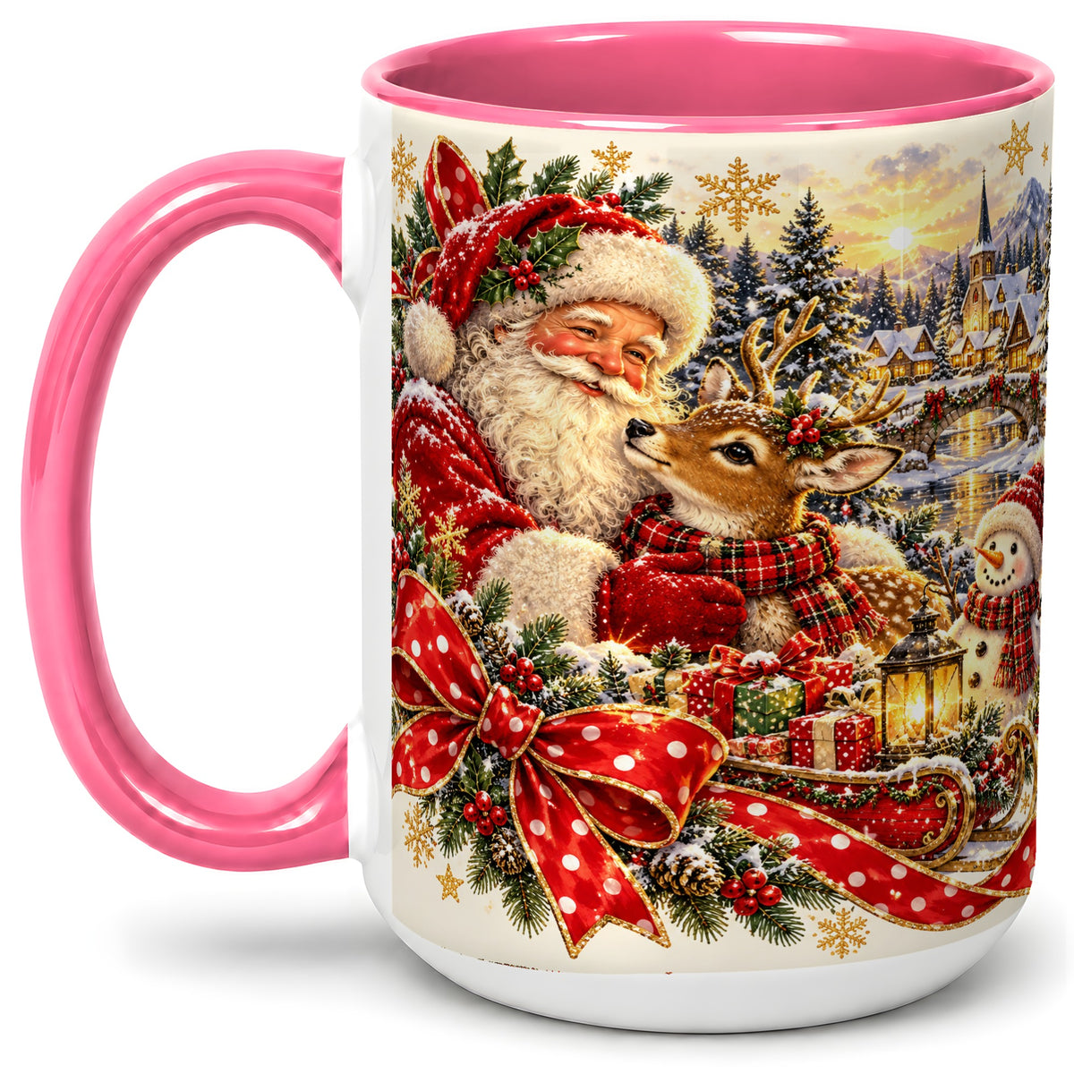 #pl[15oz|Pink] Santa and Reindeer Accent Mug, Ceramic Cup with Christmas Sleigh