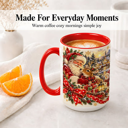 #pl[15oz|Red] Santa and Reindeer Accent Mug, Ceramic Cup with Christmas Sleigh