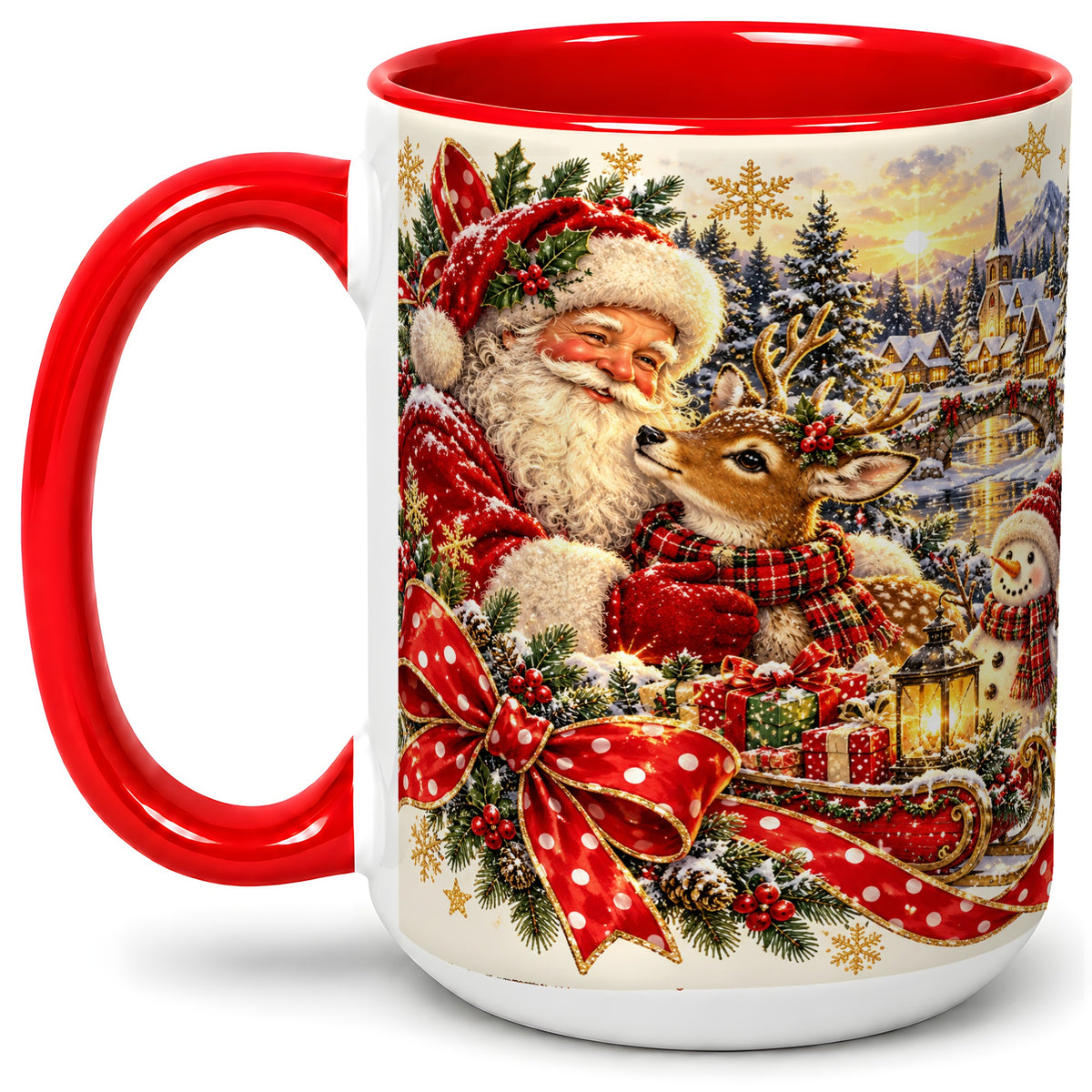 #pl[15oz|Red] Santa and Reindeer Accent Mug, Ceramic Cup with Christmas Sleigh