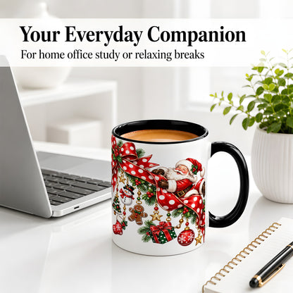 #pl[11oz|Black] Santa Christmas Bow Accent Mug, Ceramic Cup with Holiday Ornaments