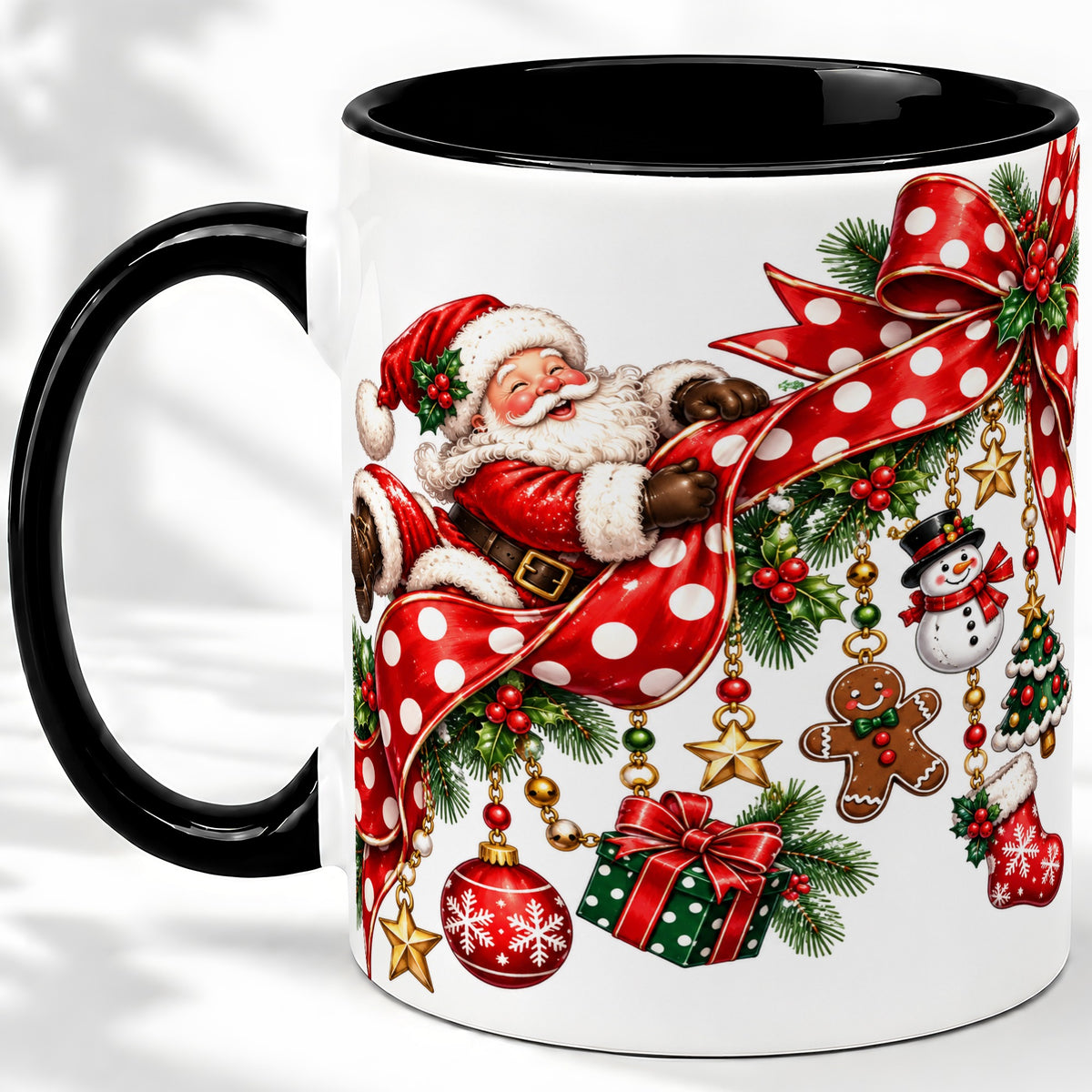 #pl[11oz|Black] Santa Christmas Bow Accent Mug, Ceramic Cup with Holiday Ornaments