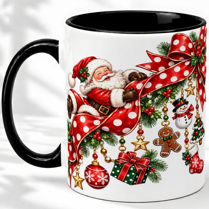 #pl[11oz|Black] Santa Christmas Bow Accent Mug, Ceramic Cup with Holiday Ornaments