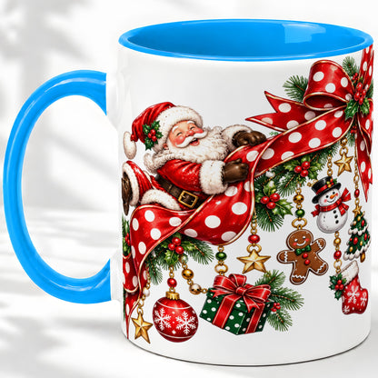 #pl[11oz|Blue] Santa Christmas Bow Accent Mug, Ceramic Cup with Holiday Ornaments