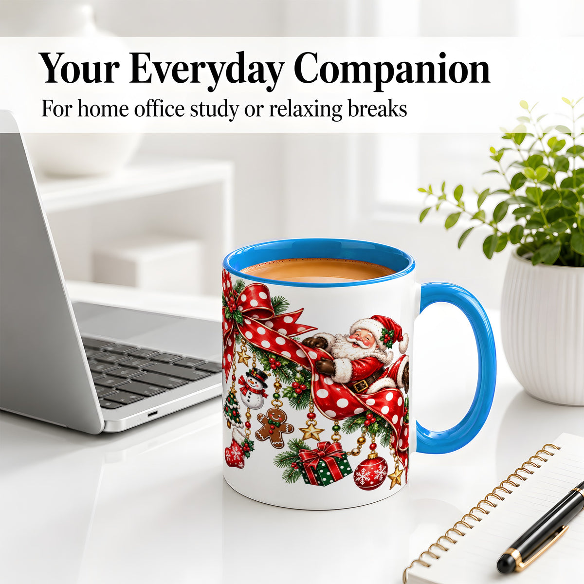 #pl[11oz|Blue] Santa Christmas Bow Accent Mug, Ceramic Cup with Holiday Ornaments