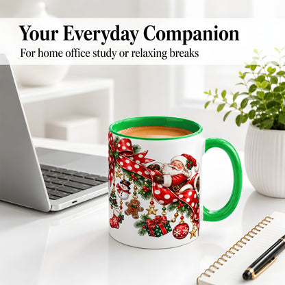 #pl[11oz|Green] Santa Christmas Bow Accent Mug, Ceramic Cup with Holiday Ornaments