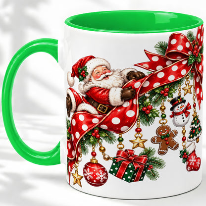 #pl[11oz|Green] Santa Christmas Bow Accent Mug, Ceramic Cup with Holiday Ornaments
