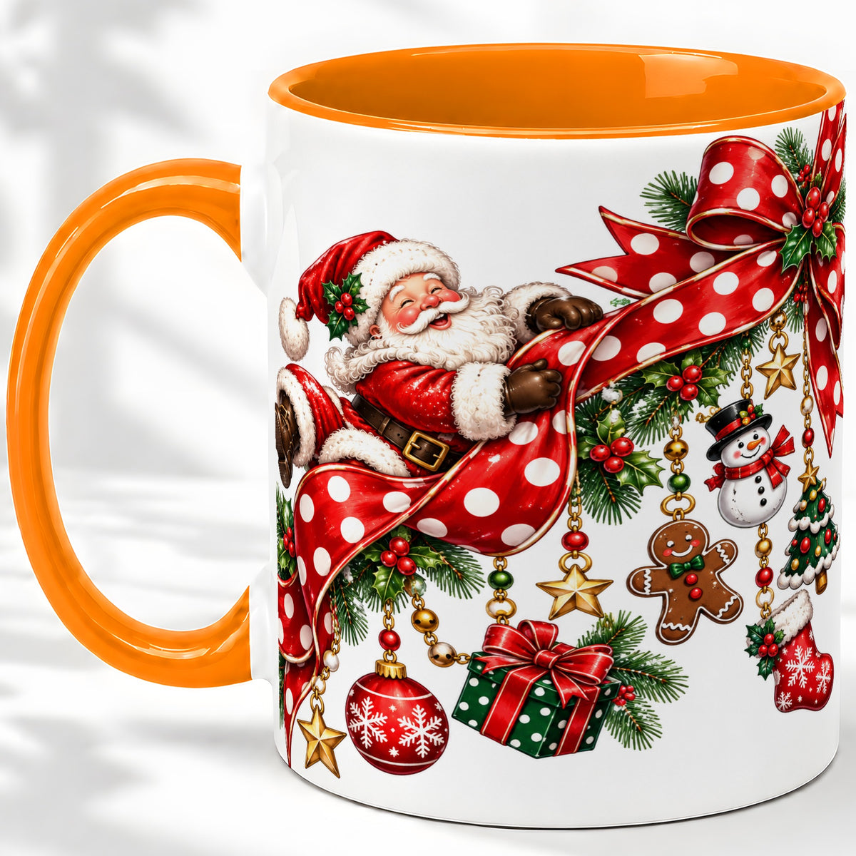 #pl[11oz|Orange] Santa Christmas Bow Accent Mug, Ceramic Cup with Holiday Ornaments