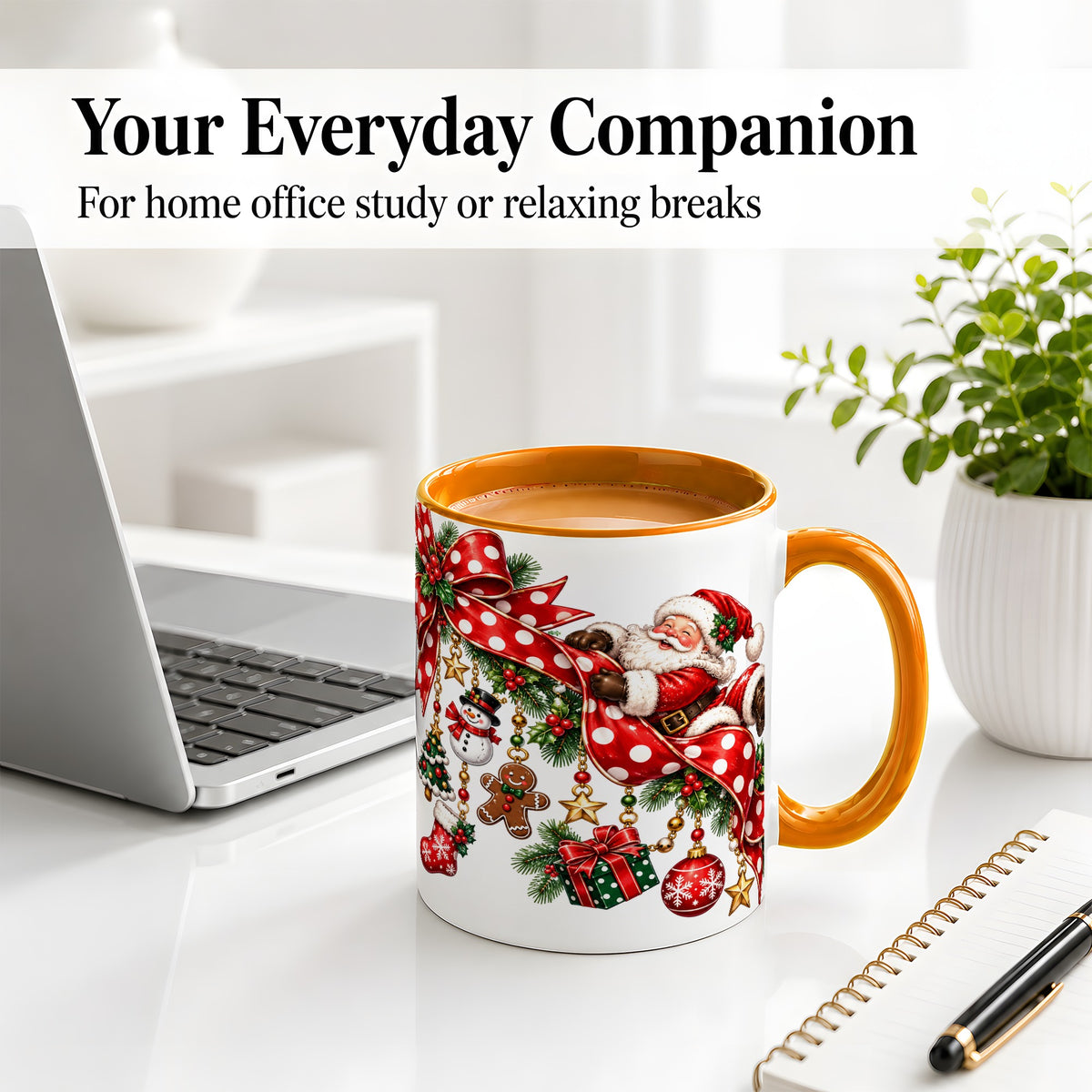 #pl[11oz|Orange] Santa Christmas Bow Accent Mug, Ceramic Cup with Holiday Ornaments