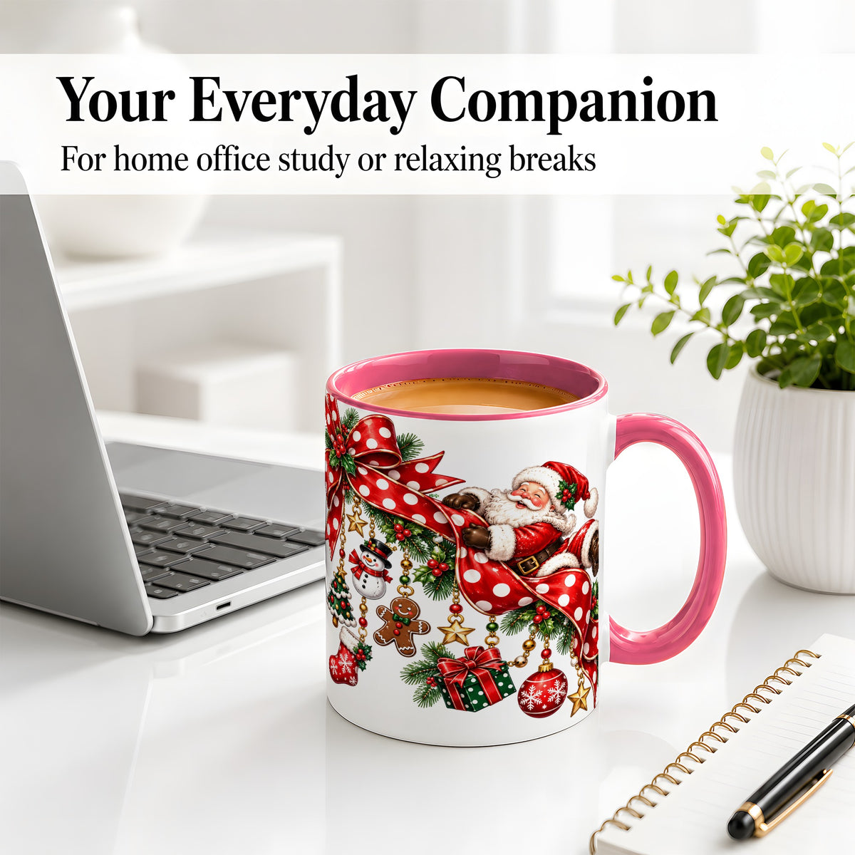 #pl[11oz|Pink] Santa Christmas Bow Accent Mug, Ceramic Cup with Holiday Ornaments