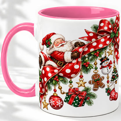 #pl[11oz|Pink] Santa Christmas Bow Accent Mug, Ceramic Cup with Holiday Ornaments