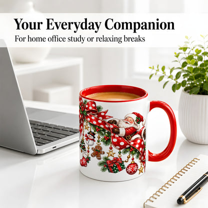 #pl[11oz|Red] Santa Christmas Bow Accent Mug, Ceramic Cup with Holiday Ornaments