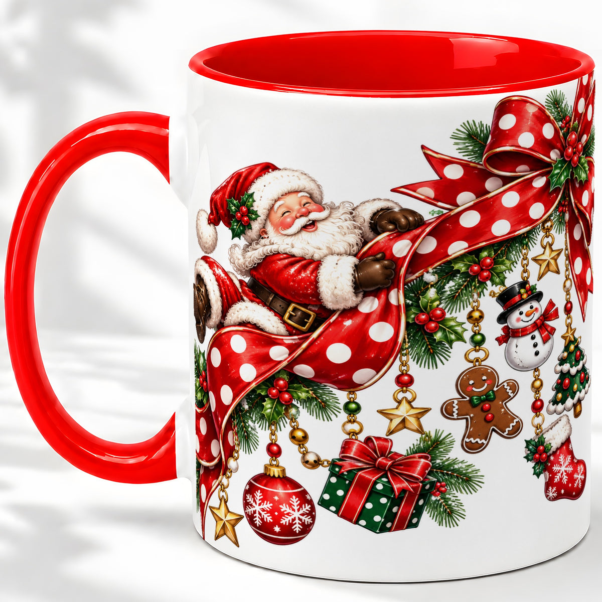 Santa Christmas Bow Accent Mug, Ceramic Cup with Holiday Ornaments