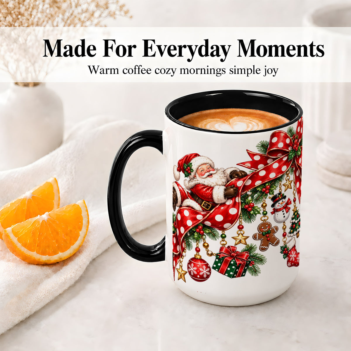 #pl[15oz|Black] Santa Christmas Bow Accent Mug, Ceramic Cup with Holiday Ornaments