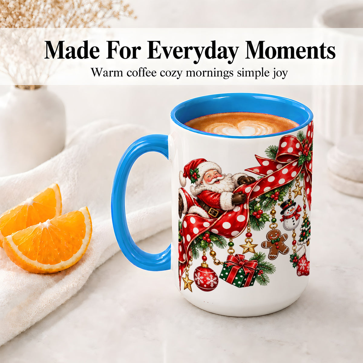 #pl[15oz|Blue] Santa Christmas Bow Accent Mug, Ceramic Cup with Holiday Ornaments