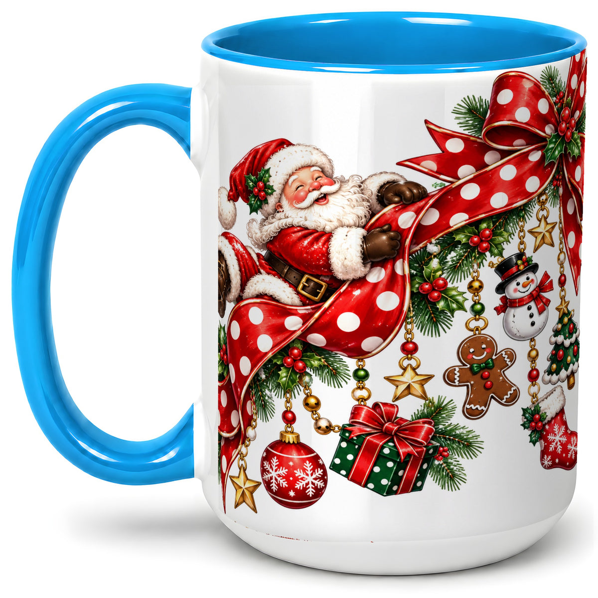 #pl[15oz|Blue] Santa Christmas Bow Accent Mug, Ceramic Cup with Holiday Ornaments
