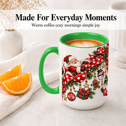 #pl[15oz|Green] Santa Christmas Bow Accent Mug, Ceramic Cup with Holiday Ornaments