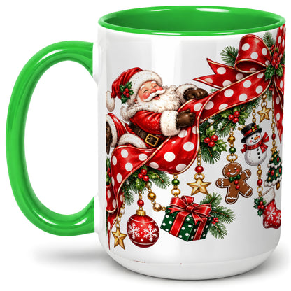 #pl[15oz|Green] Santa Christmas Bow Accent Mug, Ceramic Cup with Holiday Ornaments