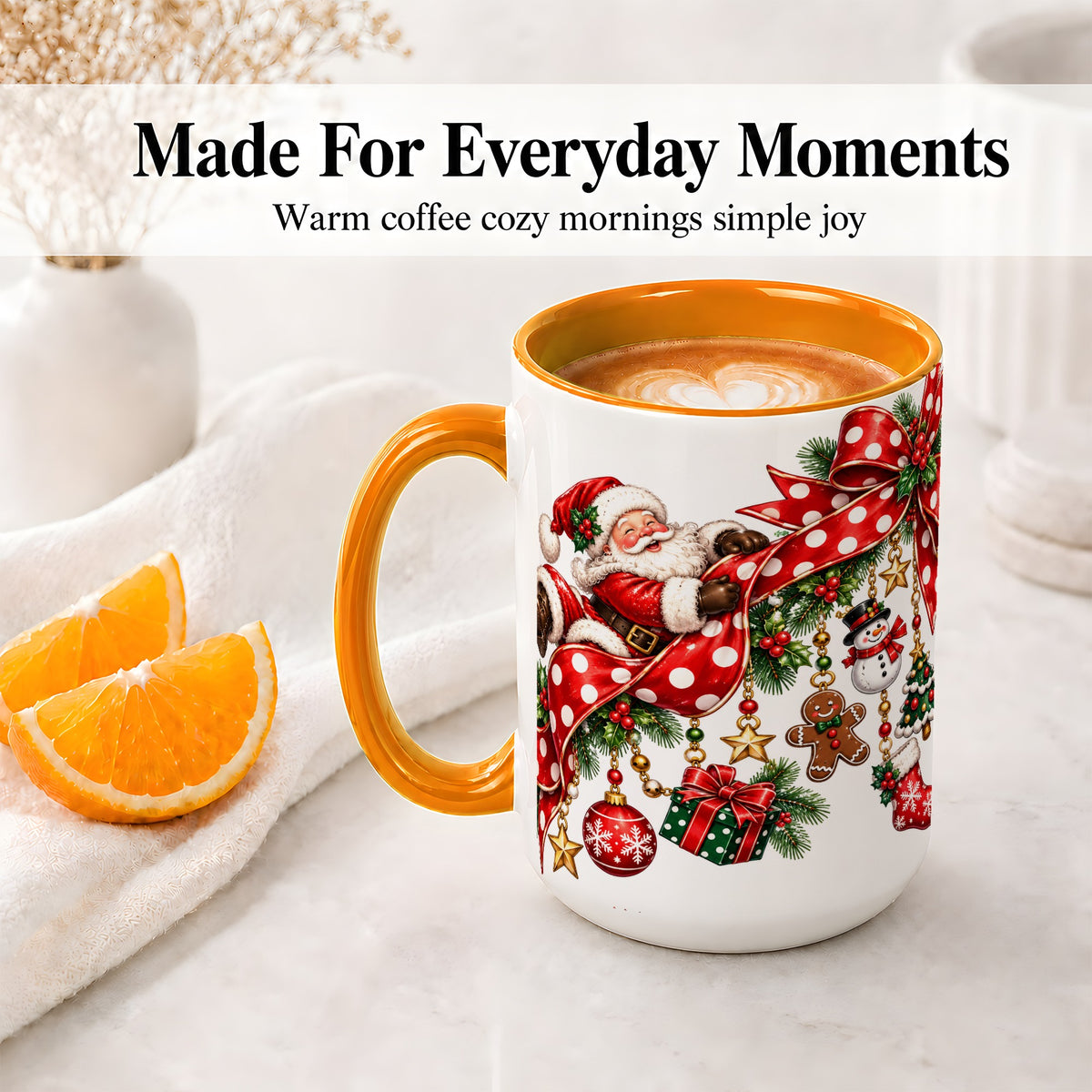#pl[15oz|Orange] Santa Christmas Bow Accent Mug, Ceramic Cup with Holiday Ornaments