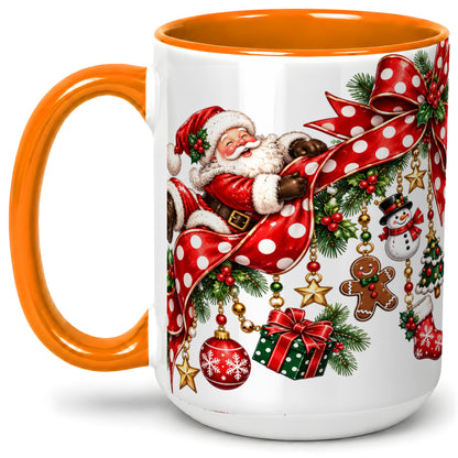 #pl[15oz|Orange] Santa Christmas Bow Accent Mug, Ceramic Cup with Holiday Ornaments