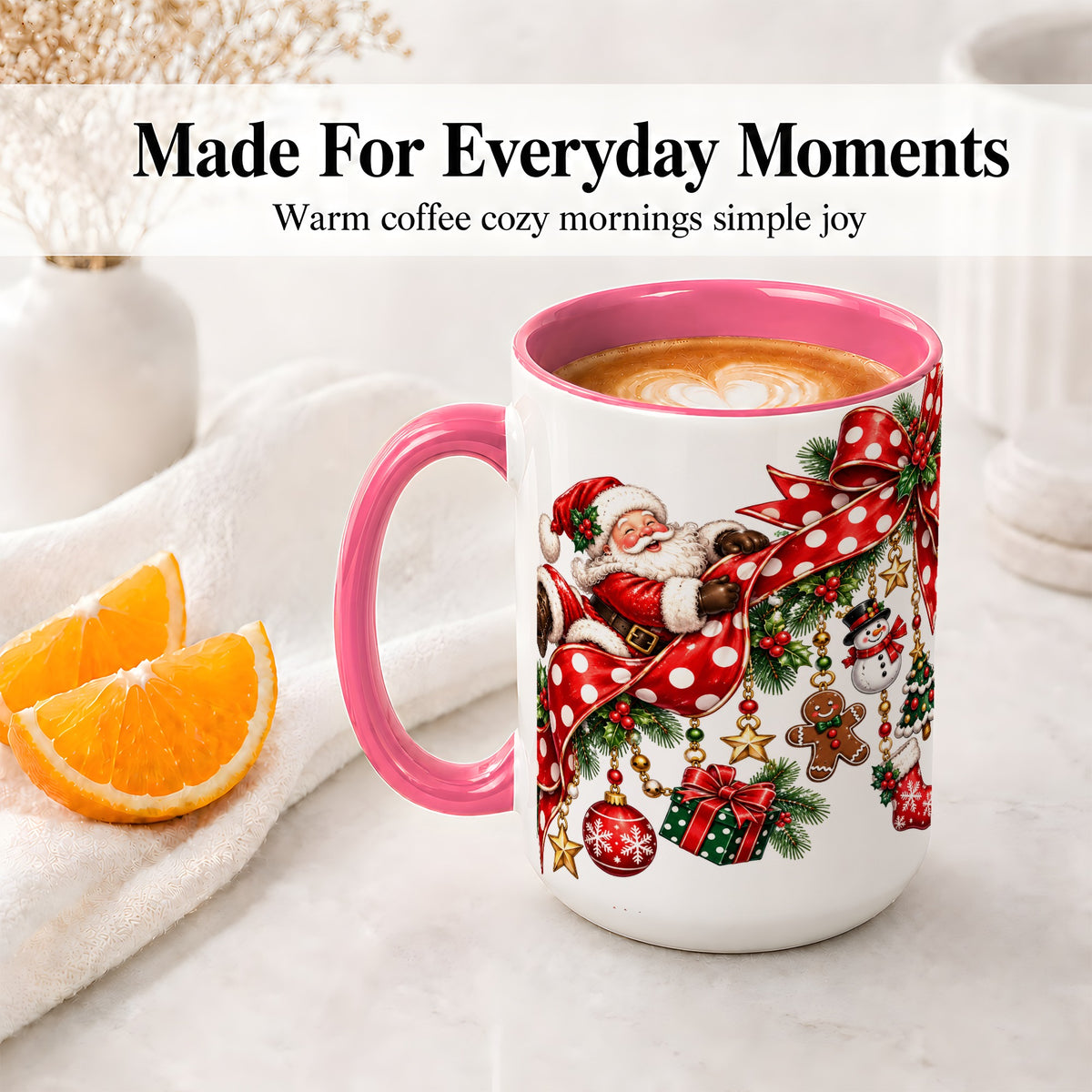 #pl[15oz|Pink] Santa Christmas Bow Accent Mug, Ceramic Cup with Holiday Ornaments