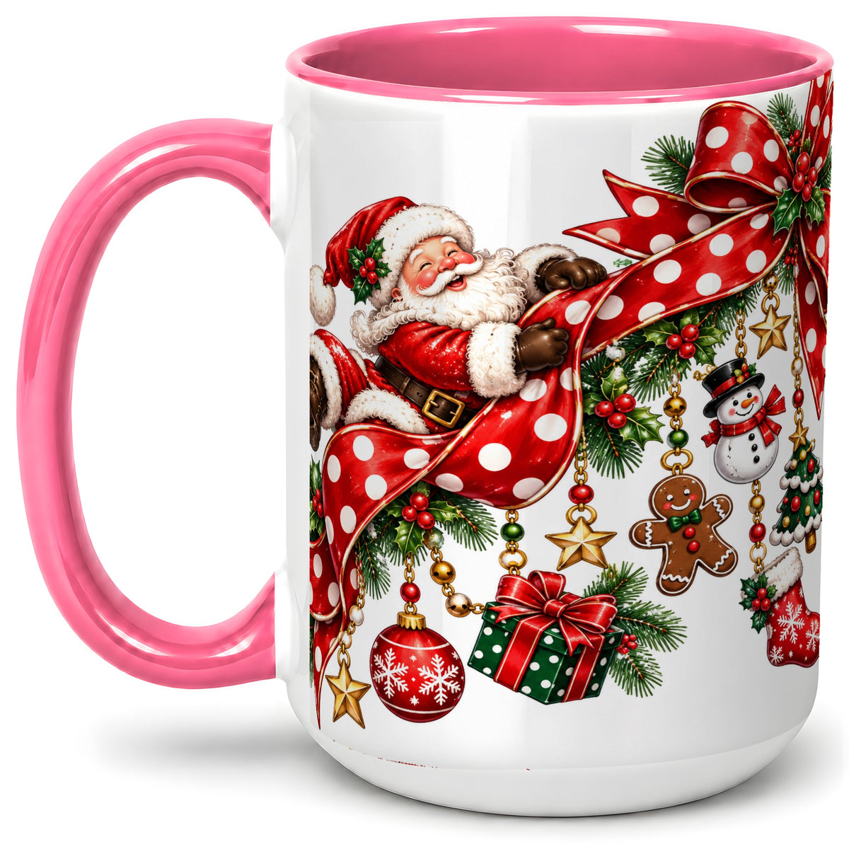 #pl[15oz|Pink] Santa Christmas Bow Accent Mug, Ceramic Cup with Holiday Ornaments