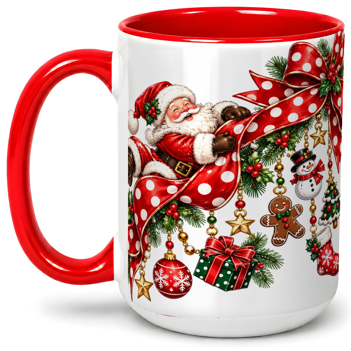 #pl[15oz|Red] Santa Christmas Bow Accent Mug, Ceramic Cup with Holiday Ornaments