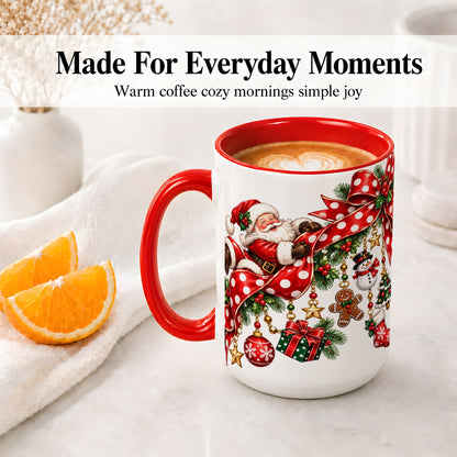 #pl[15oz|Red] Santa Christmas Bow Accent Mug, Ceramic Cup with Holiday Ornaments