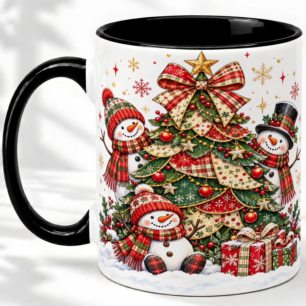 #pl[11oz|Black] Christmas Snowman Family Accent Mug, Ceramic Cup with Plaid Tree