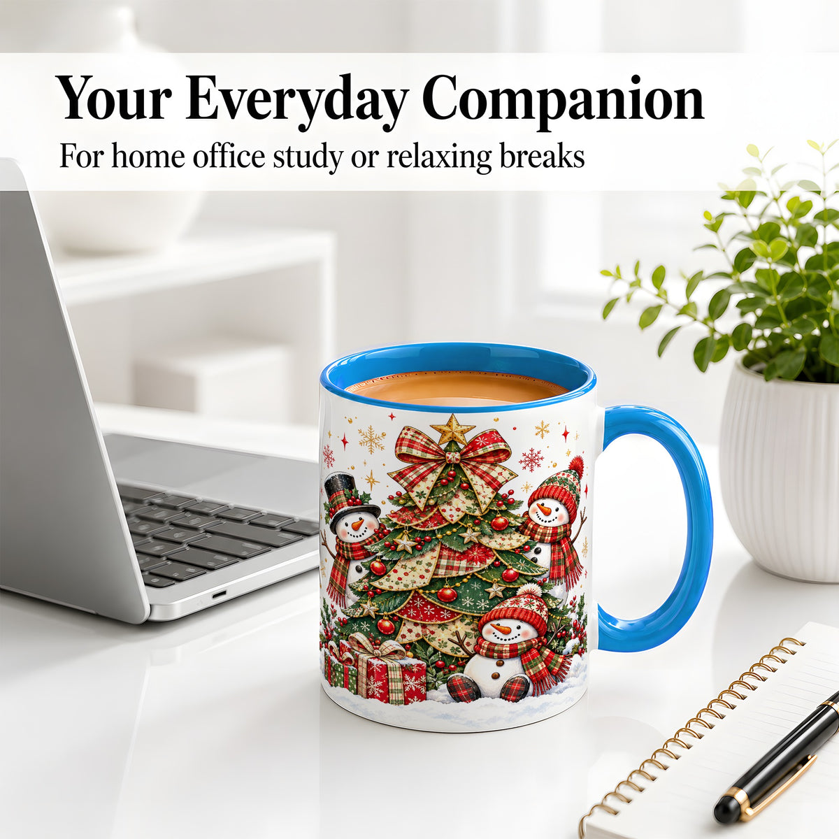 #pl[11oz|Blue] Christmas Snowman Family Accent Mug, Ceramic Cup with Plaid Tree