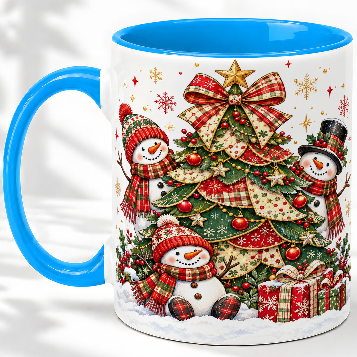 #pl[11oz|Blue] Christmas Snowman Family Accent Mug, Ceramic Cup with Plaid Tree