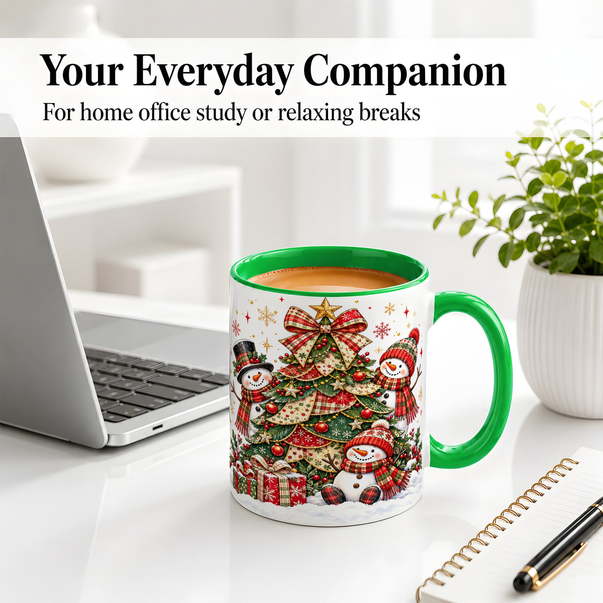 #pl[11oz|Green] Christmas Snowman Family Accent Mug, Ceramic Cup with Plaid Tree