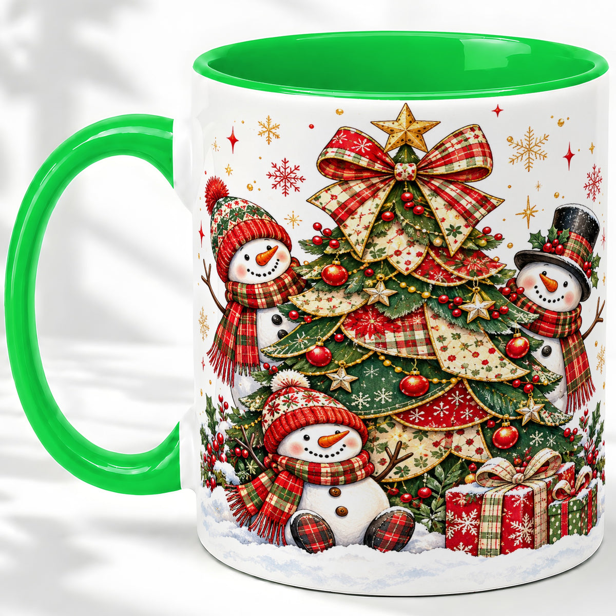 #pl[11oz|Green] Christmas Snowman Family Accent Mug, Ceramic Cup with Plaid Tree